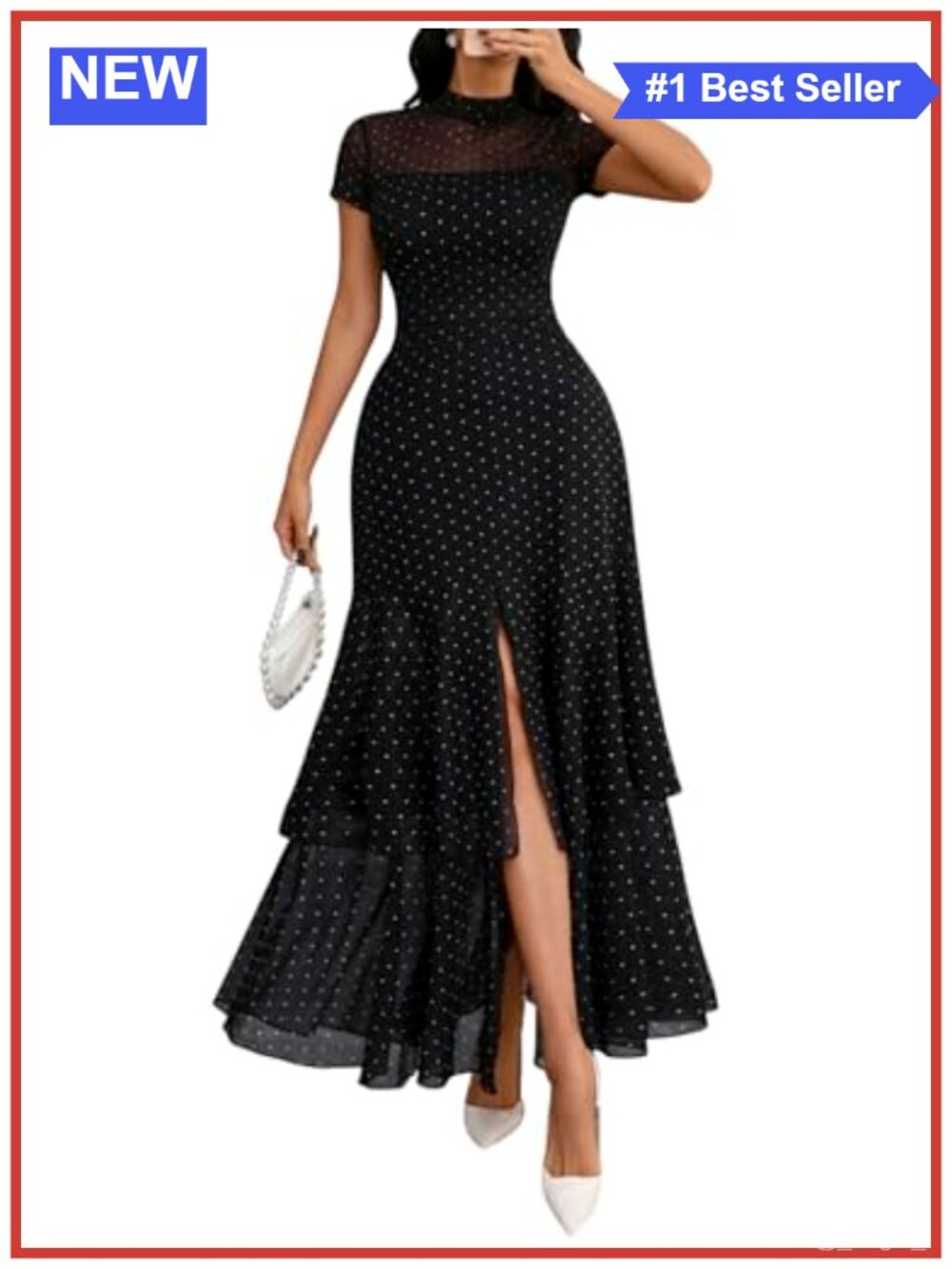 Mesh Ruffle Polka Dot Party Dress A-Line Maxi Mock Neck Short Sleeve